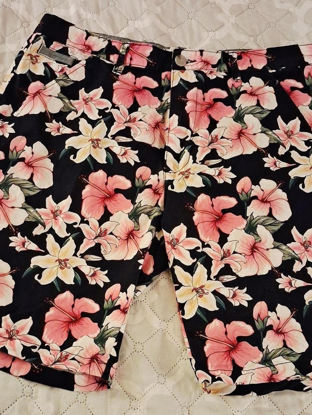 Men's Floral Flat Front Shorts in Black with Pink & Cream Blooms